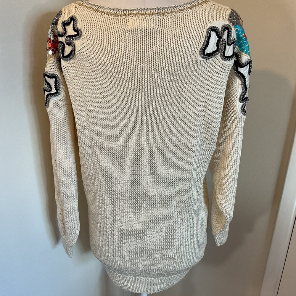 Vintage Neil's Apparel Cream Beaded Floral Sequin Sweater Large Tunic - Picture 4 of 7